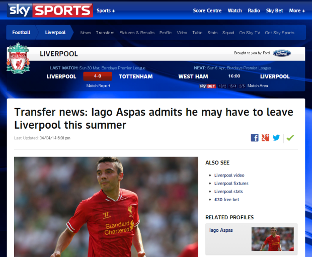 140404_Transfer news  Iago Aspas admits he may have to leave Liverpool this summer   Football News   Sky Sports