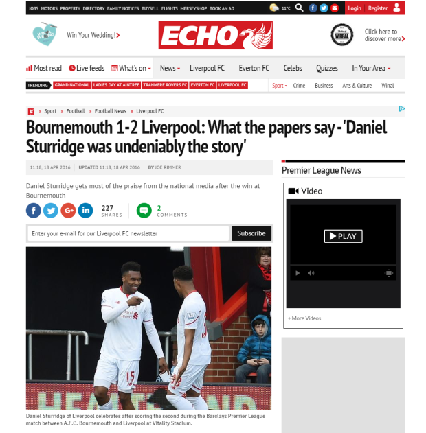 160418_Bournemouth 1 2 Liverpool  What the papers say    Daniel Sturridge was undeniably the story    Liverpool Echo